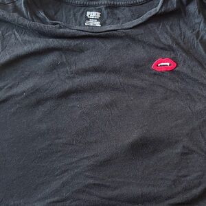 PINK Victoria's Secret Black Tee with Red Lip Embroidery